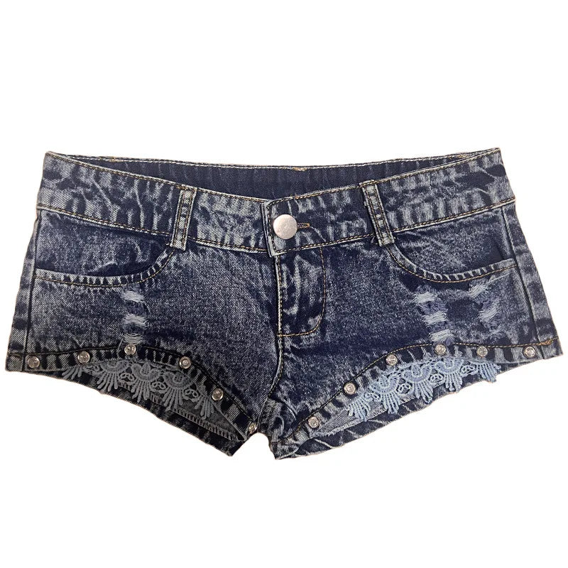 Lace Denim Shorts Ultra-low Rise