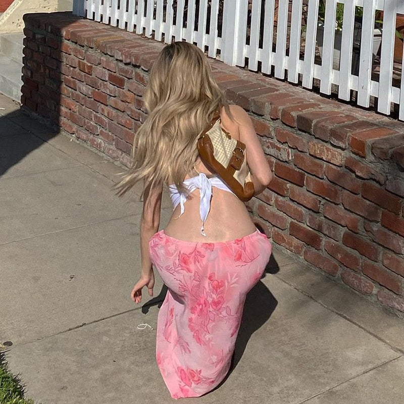 Fairycore long pink floral skirt