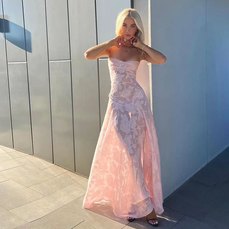 Elegant Pink Floral Lace Maxi Dress - Sexy Backless