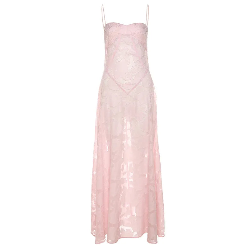 Elegant Pink Floral Lace Maxi Dress - Sexy Backless