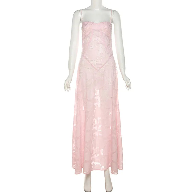 Elegant Pink Floral Lace Maxi Dress - Sexy Backless