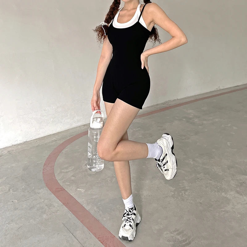 Spaghetti Strap Jumpsuit Bodysuit with White Fake 2-Piece Style