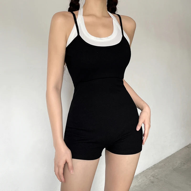 Spaghetti Strap Jumpsuit Bodysuit with White Fake 2-Piece Style