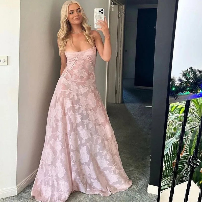 Elegant Pink Floral Lace Maxi Dress - Sexy Backless